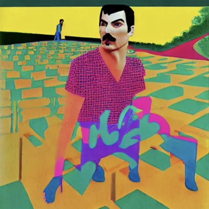 Freddie Mercury in the style of David Hockney     15